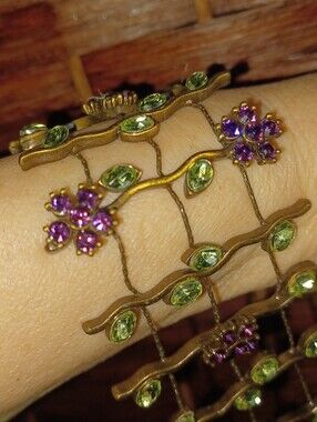 Vintage-Inspired Green and Purple Floral Statement Bracelet